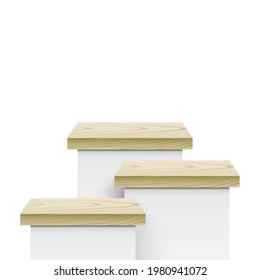 Abstract vector scene of three white pedestals with wooden covers.