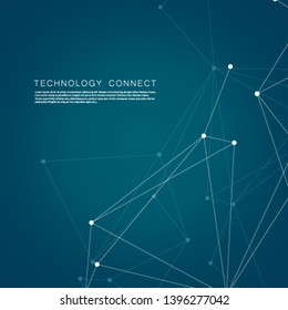 Abstract vector science dark blue background with connecting dots and lines.