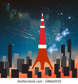 Abstract vector science image of the Milky Way with the Constellation over Tokyo Tower, Japan