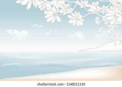 abstract vector of sea landscape and tropical leave in gray tone with blue sky