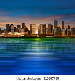 abstract vector sea sunrise background with panorama of vancouver
