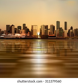 abstract vector sea sunrise brown background with panorama of vancouver