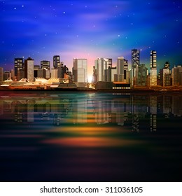 abstract vector sea sunset background with panorama of vancouver and stars