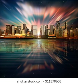 abstract vector sea sunset dark background with panorama of vancouver
