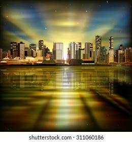abstract vector sea sunset green background with panorama of vancouver