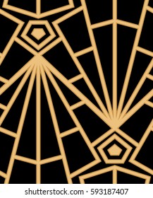 Abstract vector seamless Art Deco pattern with stylized shell. Golden ornament on black background.