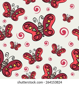 Abstract vector seamless background with butterflies and spirals.