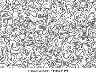 Abstract vector seamless background with curling wavy lines. Endless decorative texture