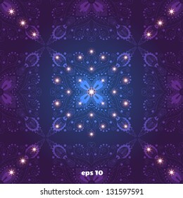 Abstract vector seamless background decorated with stars. Delicate filigree floral pattern. Damask ornament creates a luminous lace.