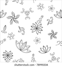 Abstract vector seamless background with graphic floral pattern, monochrome contours