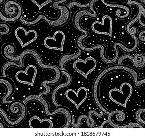 Abstract vector seamless background with hand drawn  hearts and figured ornament