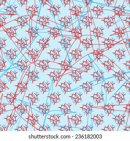 Abstract vector seamless background with holly leaves of red and blue flowers on a blue background