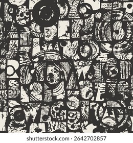 Abstract vector seamless background pattern with simple, thick font consisting of geometric shapes with shells, trilobites on a marine theme. Fabric, textile, tile, wallpaper. Not AI