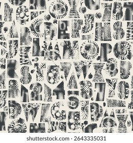 Abstract vector seamless background pattern with simple, thick font consisting of geometric shapes with shells, trilobites on a marine theme. Fabric, textile, tile, wallpaper. Not AI