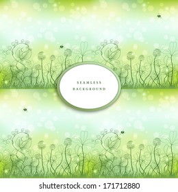 Abstract vector seamless background. Spring or summer design. Clover and strawberry plants. Bumble bee and ladybug. Frame for your text.