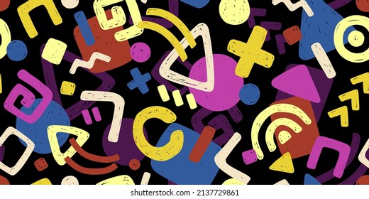 ABSTRACT VECTOR SEAMLESS BLACK BANNER WITH MULTICOLORED GEOMETRIC ELEMENTS