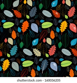 Abstract Vector Seamless Black Pattern With Colorful Autumn Leaves 