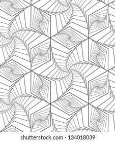 Abstract vector seamless black and white pattern with diminishing and rotating  figures.