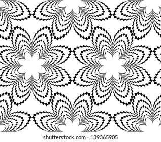 Abstract vector seamless black and white pattern with flower-like figures, made of diminishing and curl chain of quadrangles