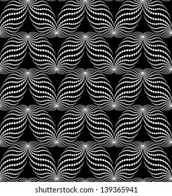 Abstract vector seamless black and white inverted pattern with ellipse-like figures, made of diminishing and curl chain of quadrangles.
