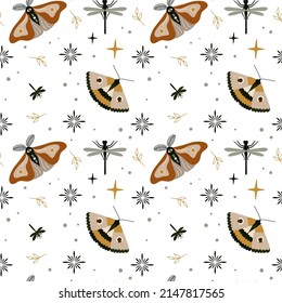 Abstract vector seamless boho moth pattern. Vector background