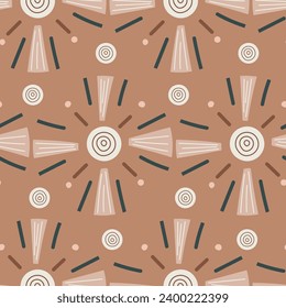 Abstract vector seamless boho pattern, shapes and spots, flat style.