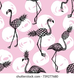 Abstract vector seamless composition half flamingo and pineapple pink white background drawn by hand with a pencil