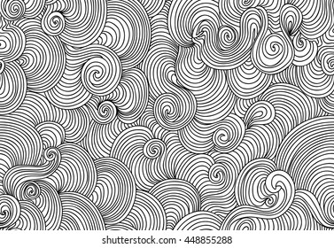 Abstract vector seamless endless black and white pattern with waving curling lines. You can use any color of background