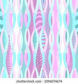 Abstract vector seamless ethnic pattern of modern pastel colors wavy interlacing lines with fragment and striped outstretched drops of seashells and ovals pinkish green tint on white background