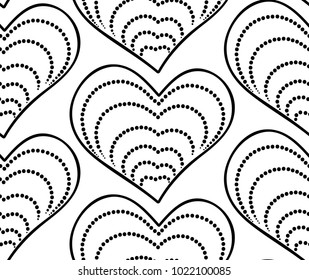 Abstract vector seamless floral background of doodle hand drawn lines. Monochrome wave pattern. Coloring book page. Black white heart wallpaper.