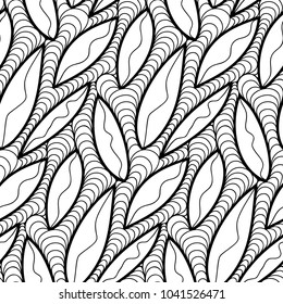 Abstract vector seamless floral background of doodle hand drawn lines. Monochrome wave pattern. Coloring book page. Black white wallpaper.