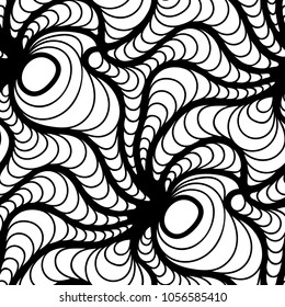 Abstract vector seamless floral background of doodle hand drawn lines. Monochrome wave pattern. Coloring book page. Black white wallpaper.