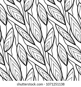 Abstract vector seamless floral background of doodle hand drawn lines. Monochrome wave pattern. Coloring book page. Black white wallpaper.