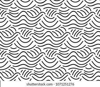 Abstract vector seamless floral background of doodle hand drawn lines. Monochrome wave pattern. Black white wallpaper.