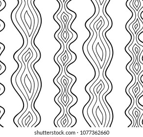 Abstract vector seamless floral background of doodle hand drawn lines. Monochrome wave pattern. Coloring book page. Black white wallpaper.