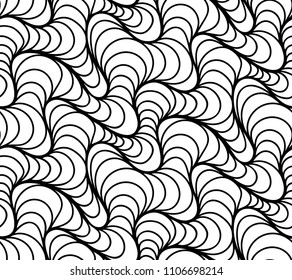 Abstract vector seamless floral background of doodle hand drawn lines. Monochrome wave pattern. Coloring book page. Black white wallpaper.