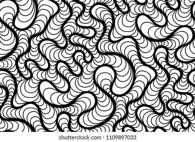 Abstract vector seamless floral background of doodle hand drawn lines. Monochrome wave pattern. Coloring book page. Black white wallpaper.