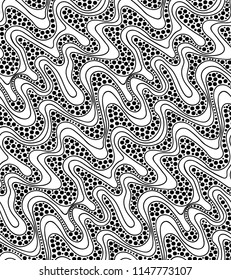 Abstract vector seamless floral background of doodle hand drawn lines. Monochrome wave pattern. Coloring book page. Black white wallpaper.