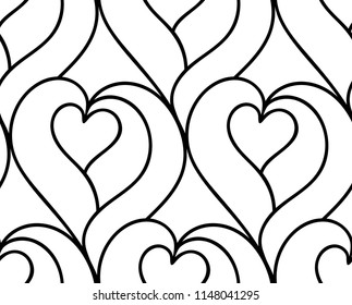 Abstract vector seamless floral background of doodle hand drawn lines. Monochrome wave pattern. Coloring book page. Black white heart wallpaper.