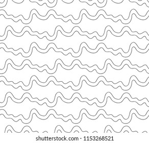 Abstract vector seamless floral background of doodle hand drawn lines. Monochrome wave pattern. Coloring book page. Black white wallpaper.