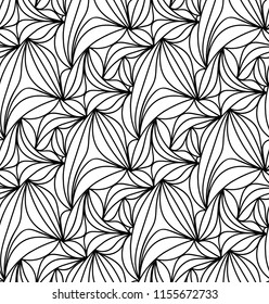 Abstract vector seamless floral background of doodle hand drawn lines. Monochrome wave pattern. Coloring book page. Black white wallpaper.
