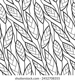 Abstract vector seamless floral background of doodle hand drawn lines. Monochrome wave pattern. Coloring book page. Black white wallpaper.