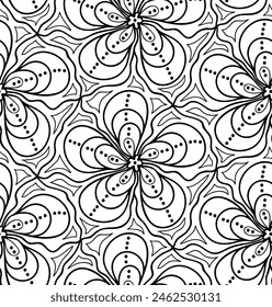 Abstract vector seamless floral background of doodle hand drawn lines. Monochrome wave pattern. Coloring book page. Black white wallpaper.