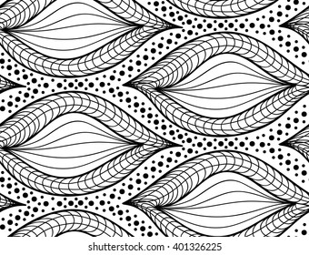 Abstract vector seamless floral background of doodle hand drawn lines. Monochrome pattern. Coloring book page. Black white wallpaper.