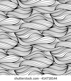 Abstract vector seamless floral background of doodle hand drawn lines. Monochrome wave pattern. Coloring book page. Black white wallpaper.