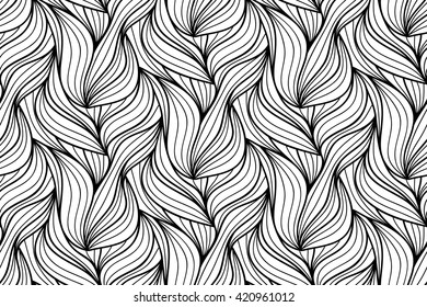 Vector abstracto de fondo floral sin fisuras de las líneas dibujadas a mano de doodle. Patrón de ondas monocromas. Página del libro coloreado. Papel pintado blanco negro.