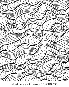 Abstract vector seamless floral background of doodle hand drawn lines. Monochrome wave pattern. Coloring book page. Black white wallpaper.
