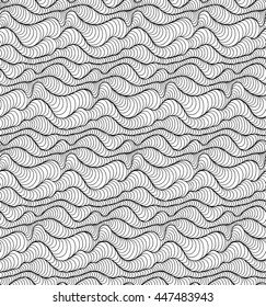Abstract vector seamless floral background of doodle hand drawn lines. Monochrome wave pattern. Coloring book page. Black white wallpaper