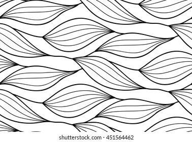 Abstract vector seamless floral background of doodle hand drawn lines. Monochrome wave pattern. Coloring book page. Black white wallpaper.