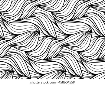Abstract vector seamless floral background of doodle hand drawn lines. Monochrome wave pattern. Coloring book page. Black white wallpaper.